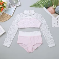 kids lace long sleeve crop top with briefs set girls two piece dancewear for gymnastics ballet workout stage performance costume