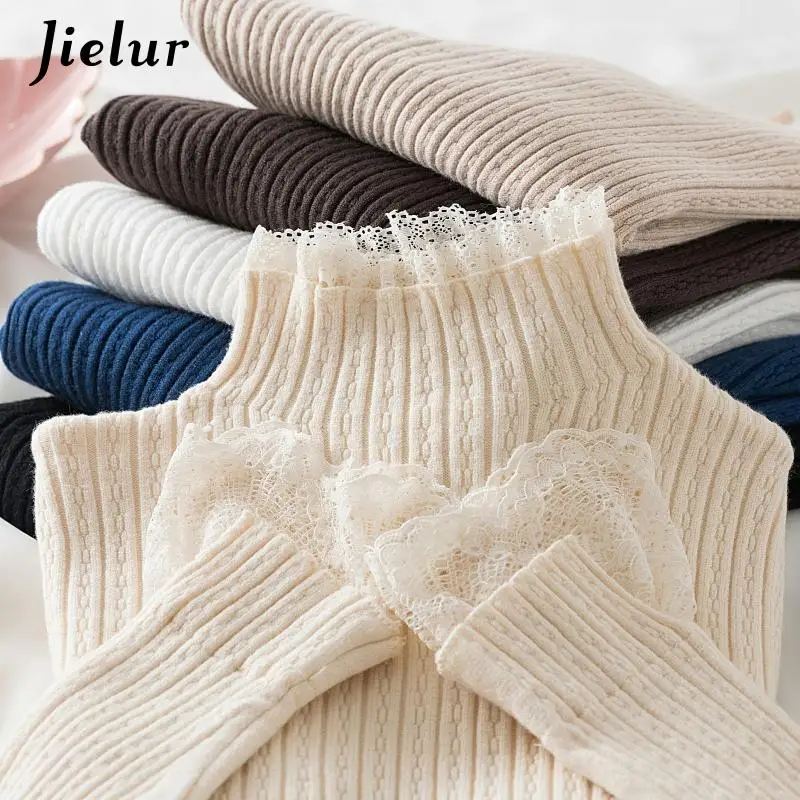 

Jielur 2021 Knitted Women Sweater Pullovers Slim Mock Neck Lace Autumn Winter Basic Women Sweaters Slim Fit Jumpers Top