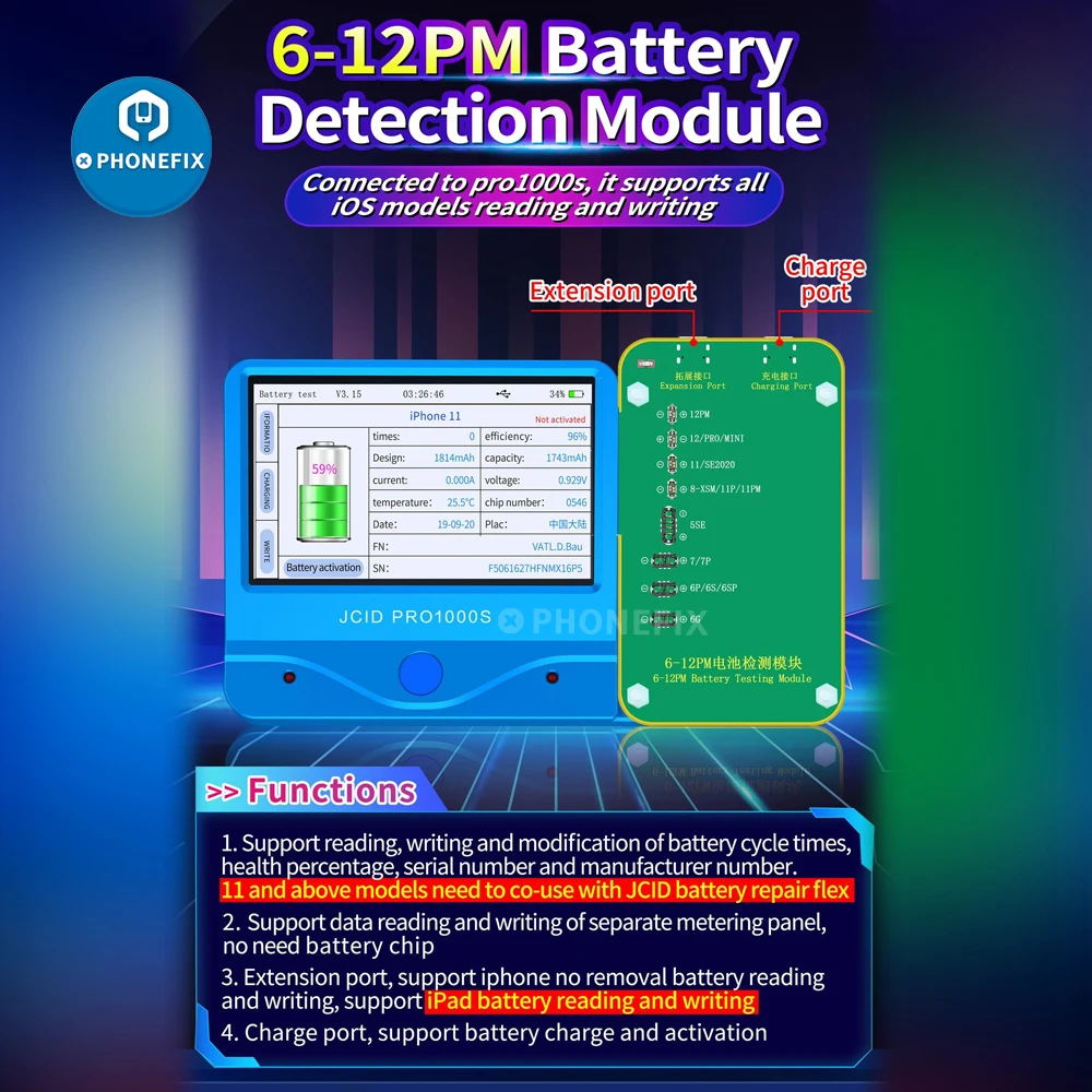 JC Pro1000S Battery Test Module JCID Expansion Board for iphone 6-12promax ipad cycle times health Capacity Read Writing | Инструменты