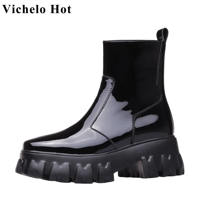 

Vichelo Hot handmade full grain leather western boots ins winter square toe waterproof high heels zip punk style ankle boots l33