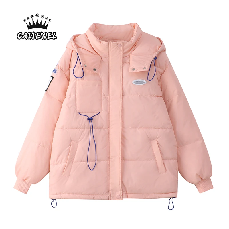 

Pink Womens Hooded Down Parka Puffer Jacket Winter Thickening Warm Street Harajuku White Duck Down Bubble Coat Oversized Outwear