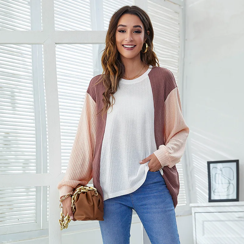 

Oversized Cotton Top for Women Long Sleeve Casual Loose Patchworked T-shirt Autumn Clothing 2021 New Fashion Lady Tshirts Femme