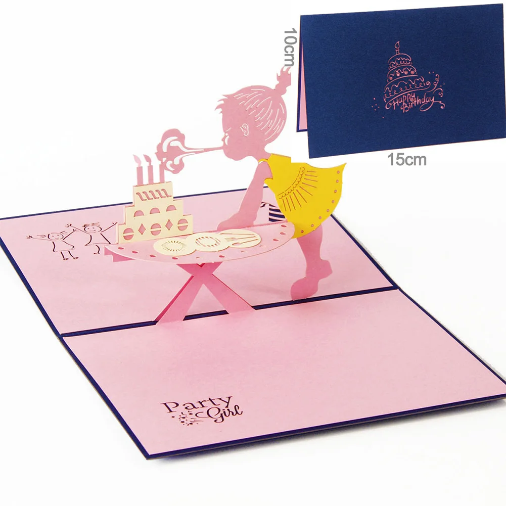 Little Girl Blowing Candles Happy Birthday 3D Card Handmade Foldable Best Gift for Friends | Дом и сад