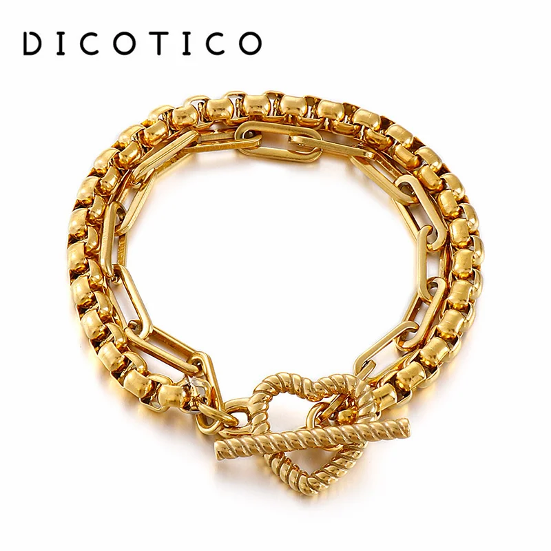 

Creative Double Box Chain Wrist Bracelet For Women Stainless Steel Heart Pulseras Jewelry Accessory Women Friendship Bangle 2021
