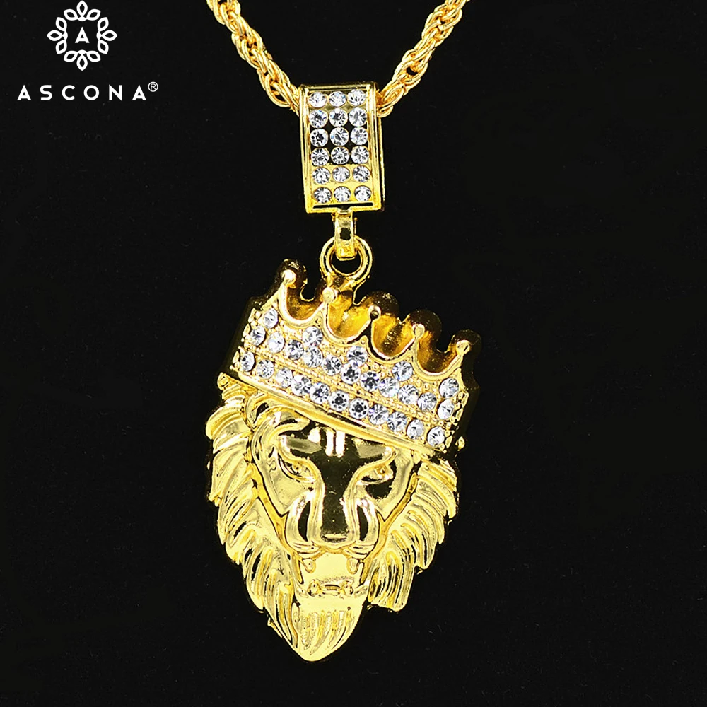 

Hip Hop Iced Out Bling Crown Lion Head Necklaces Man's Gold Color Animal Pendant & Chains Rock Streetwear Rapper Jewelry