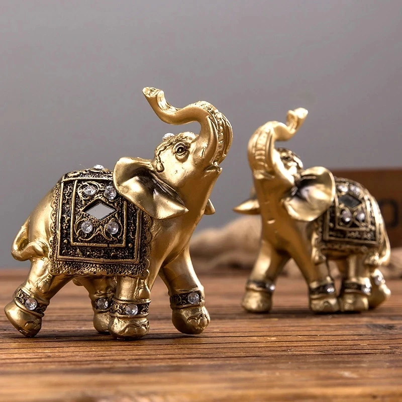 

Golden Resin Mascot Lucky Feng Shui Elephant Statue Sculpture Wealth Figurine Gift Carved Natural Stone Office Home Decoration