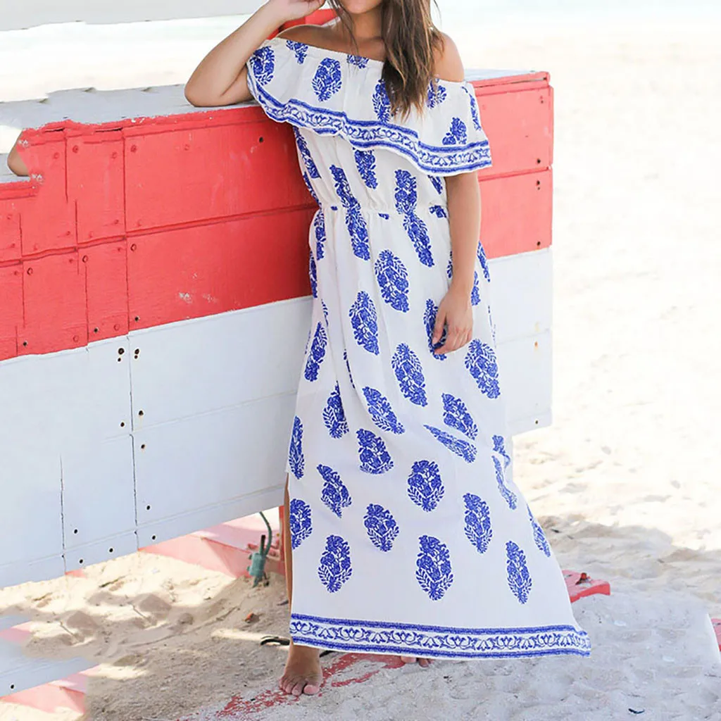 Женское длинное платье с принтом в стиле бохо летнее листьев вечерние платья