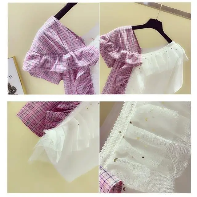 

Plaid mesh Ruffle irregular stitching Sequin V-neck short sleeve T-shirt women's 2021 summer loose T-shirt