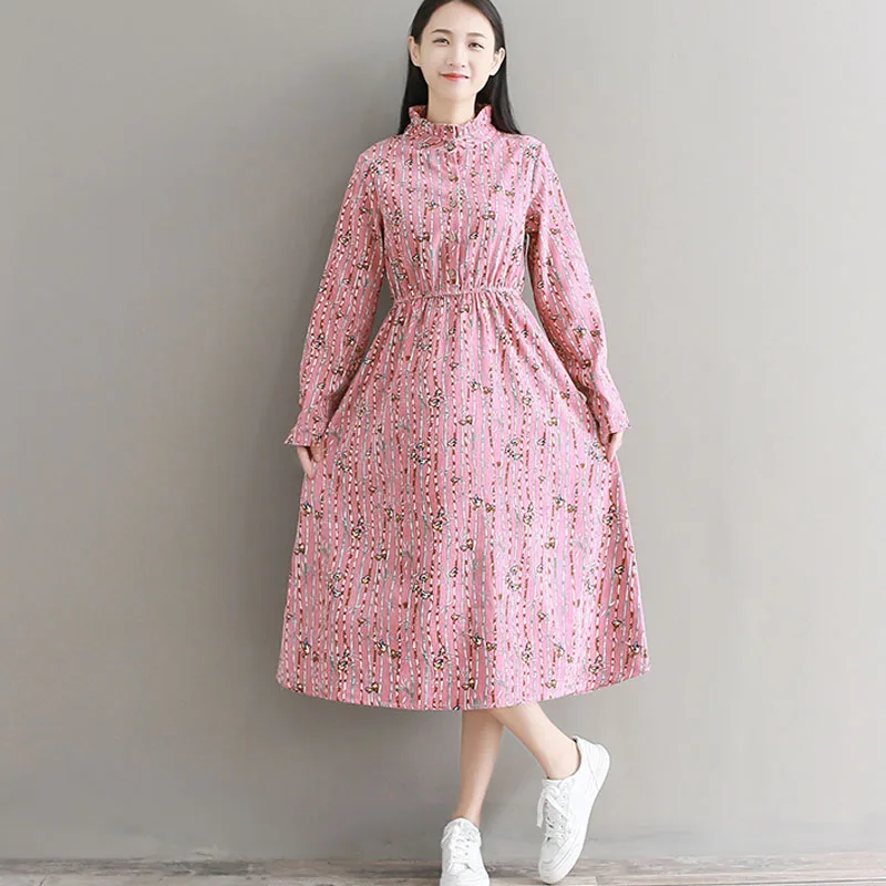 Mori Girl Autumn Spring Women Sweet Dress Longo Vintage Corduroy Midi Chic Blue Pink Animal Print Elastic-Waisted Vestidos | Женская