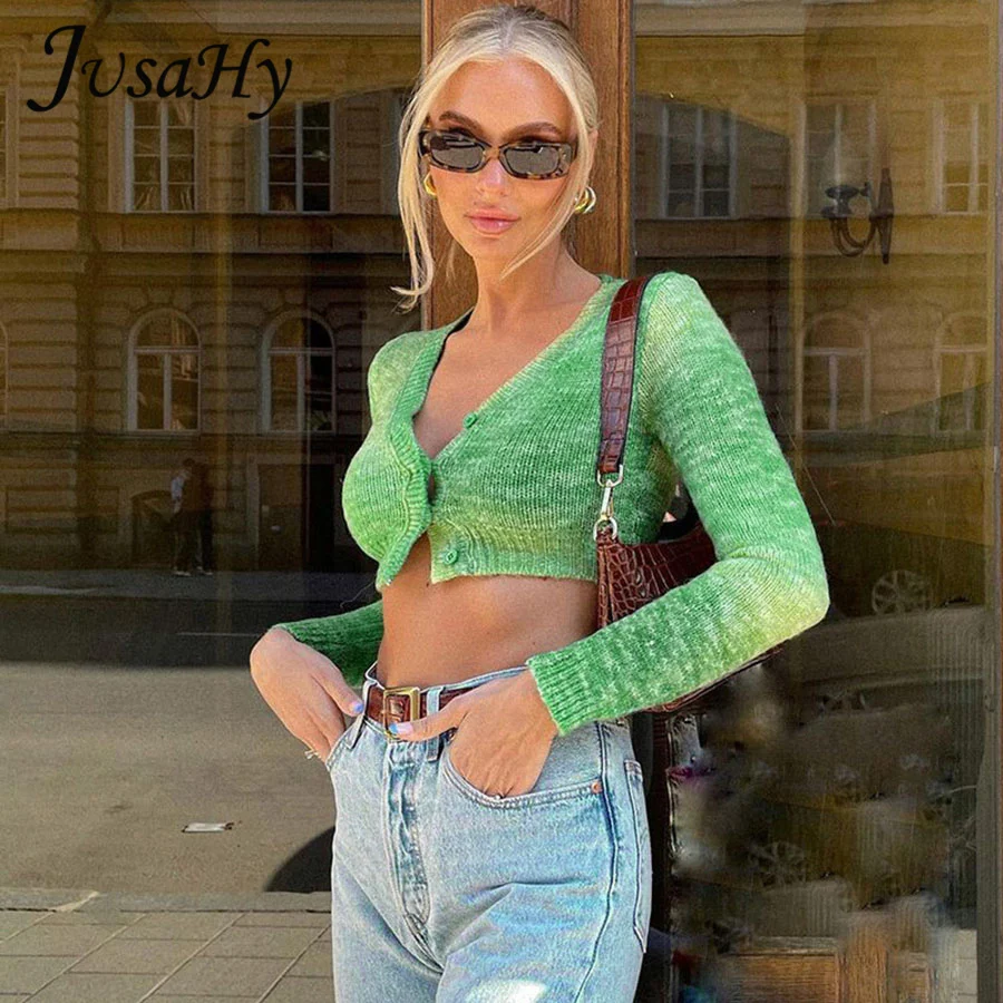 

Осенний вязаный хлопковый Модный укороченный топ JuSaHy для женщин, повседневный однобортный Кардиган с длинным рукавом и V-образным вырезом, ...