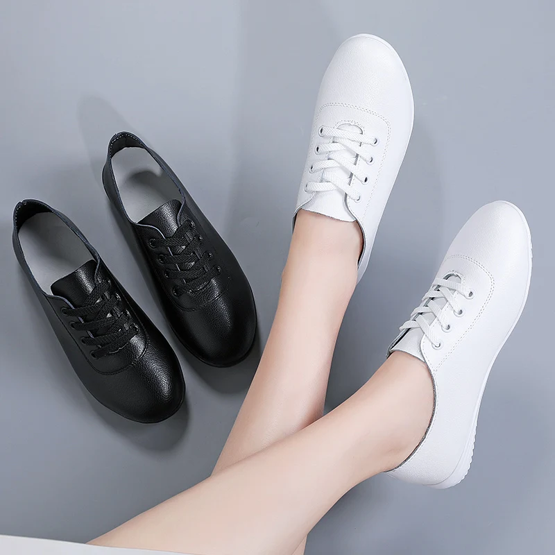 2021 Spring New Women Sneakers Oxford Shoes Ladies Casual Leather Boat Round Toe Flats White Black Moccasins Ballet Zapatillas