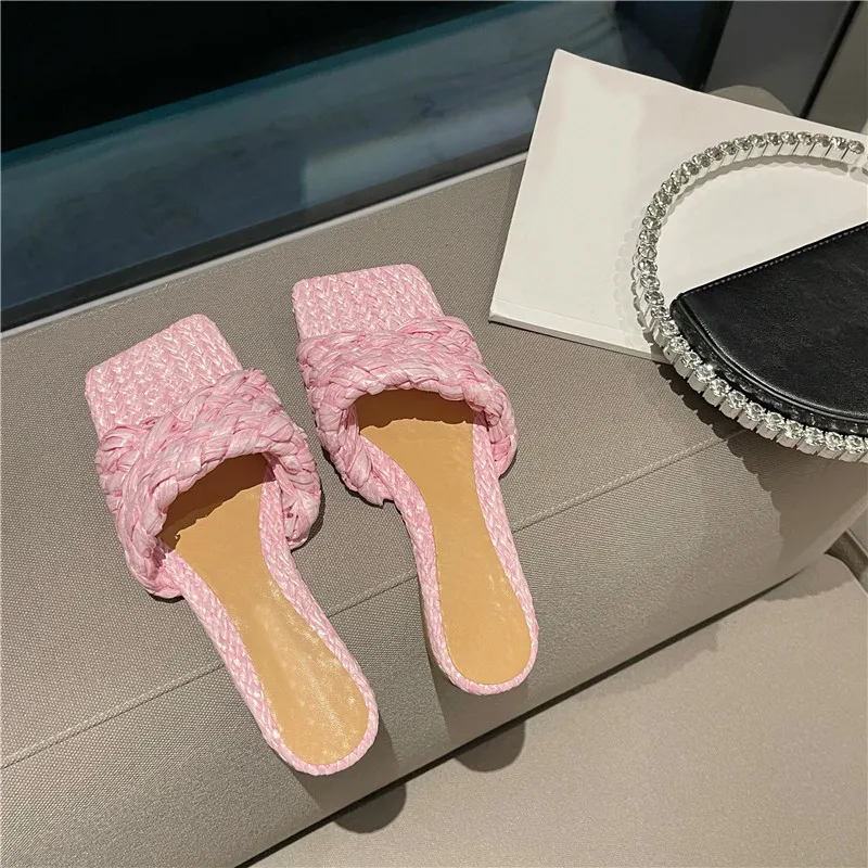 

2021 New Summer Design Weave Square Toe Heels High Quality Slippers Gladiator Beach Womens Flat Shoes Slides Outdoor Sandals