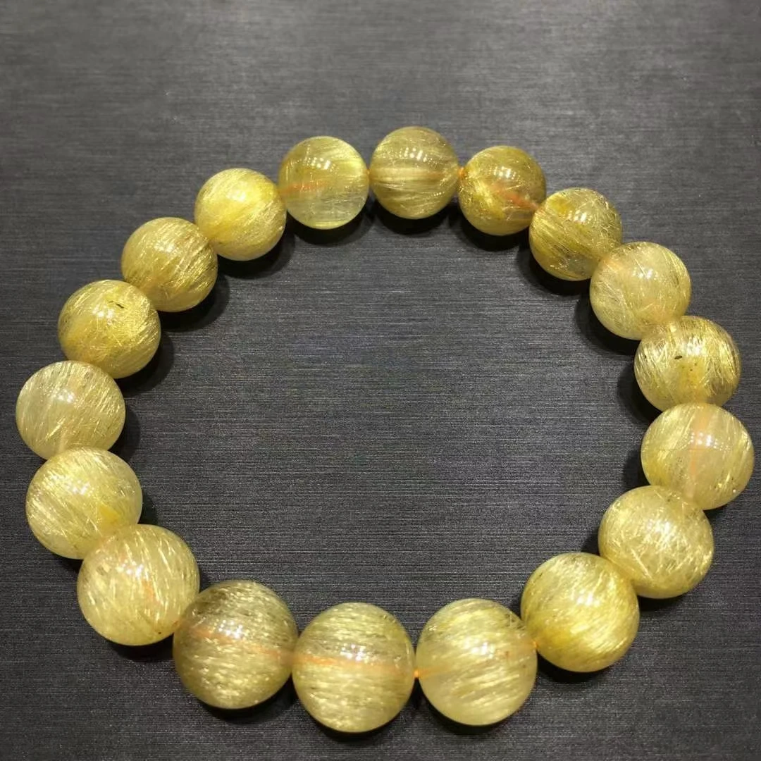 

Натуральный Бразильский Золотой рутилированный титановый кварцевый браслет 11 мм для женщин и мужчин, богатые камни, прозрачные круглые бус...