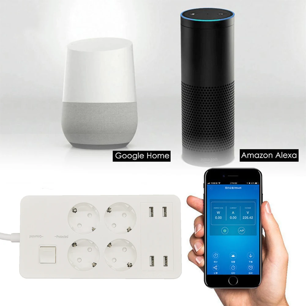 Wi-Fi умная силовая лента, защита от перенапряжения, удлинитель, 4 розетки, штепсельная вилка европейского стандарта с USB зарядным адаптером, работает с Alexa Google Home