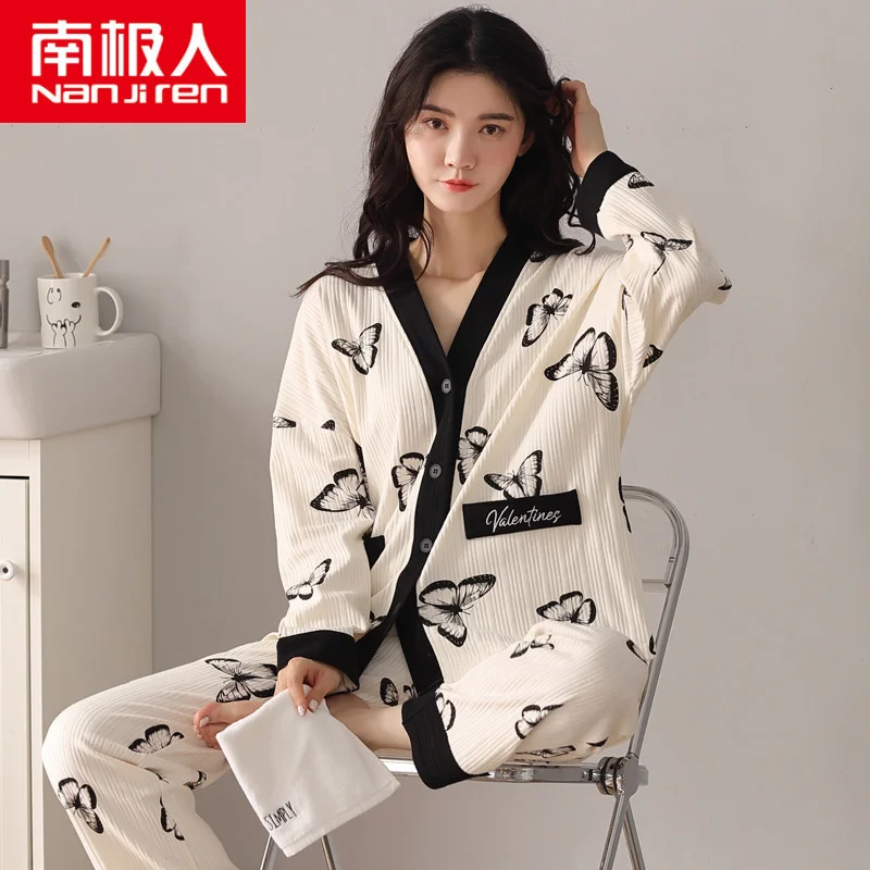 

Пижама для женщин, комплект из 2 предметов, новинка 2021, пижама Nanjiren, Женская весенне-осенняя хлопковая свободная домашняя пижама с длинным ру...