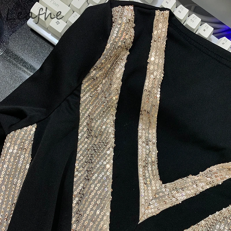 

New Winter Elegant Office Ladies Mini Dresses Women V Neck Patchwork Leopard Sequin Dress Autumn 3/4 Sleeve Vintage Party Dress