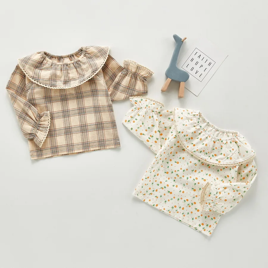 

Baby T-shirt Pure Cotton Full Sleeve Spring Autumn Soft Floral Plaid Big Turn Down Collar New Born Top Toddler Infant Clothes
