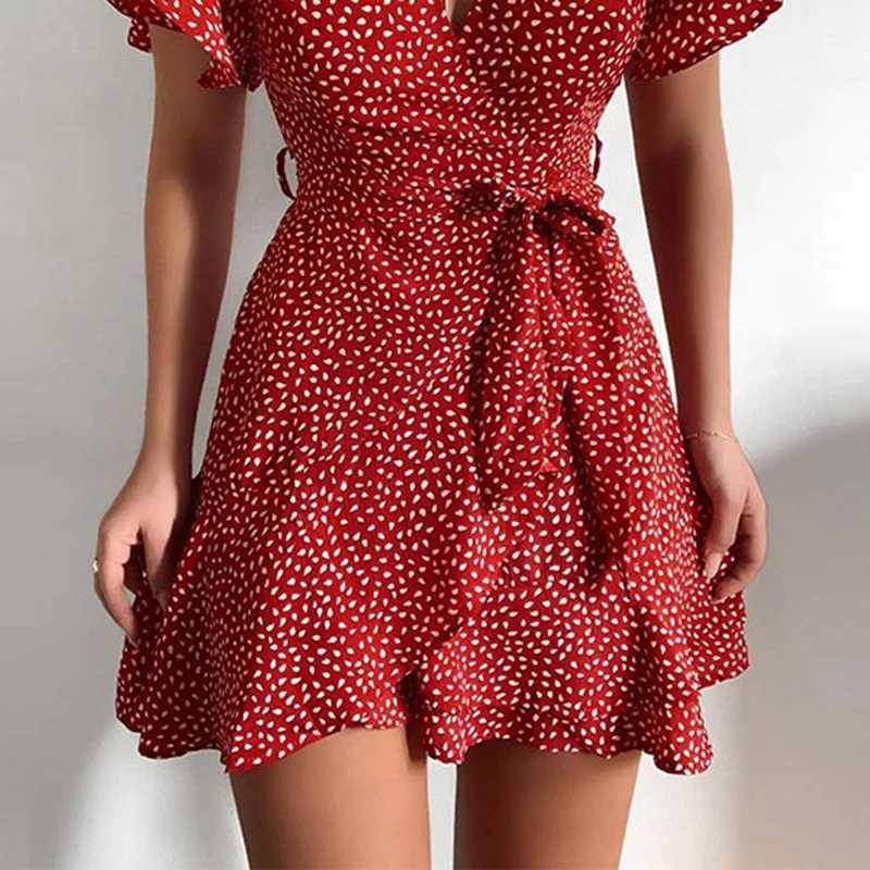 

Summer Women Dress Butterfly Sleeve Polka Dot Floral Print V Neck High Waist Sashes Dress Vintage Female Mini Red 2021
