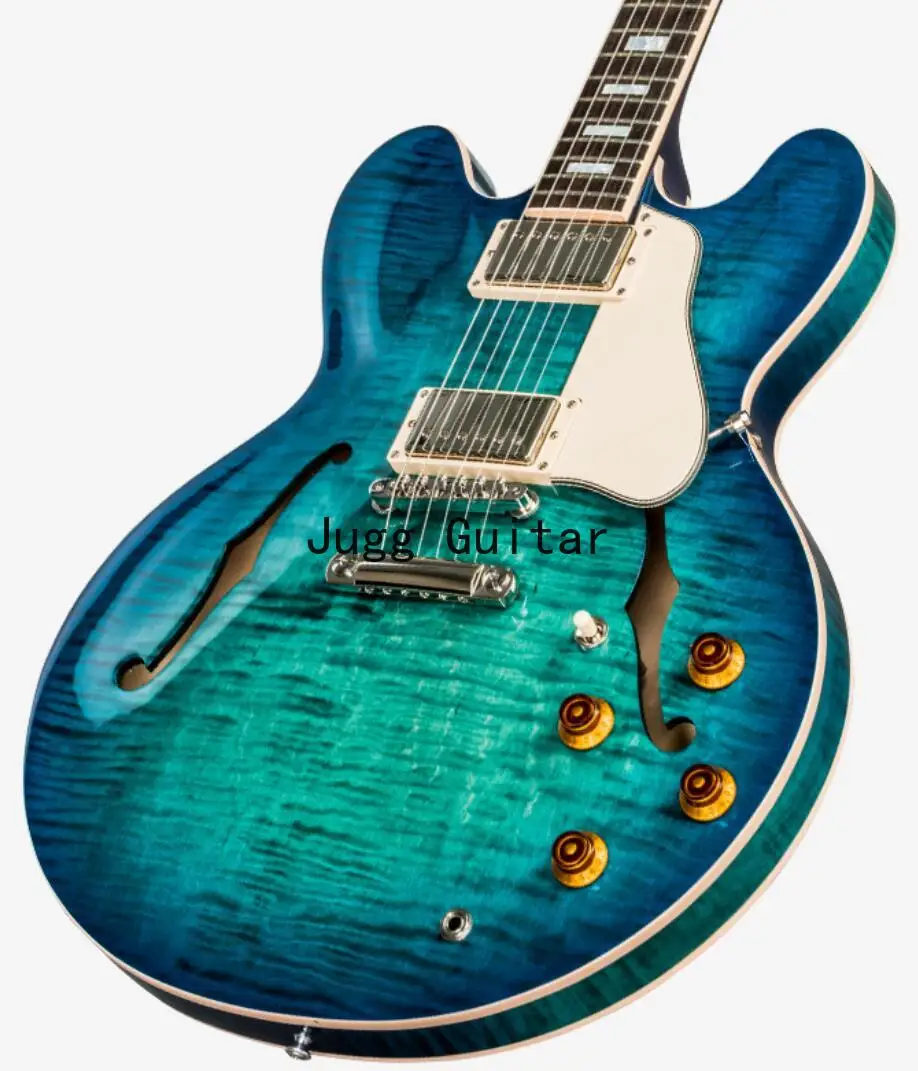 

Memphis 335 Semi Hollow Figured Aquamarine Jazz Electric Guitar Flame Maple Top & Side & Back, Little Pin Bridge, Block Inlay