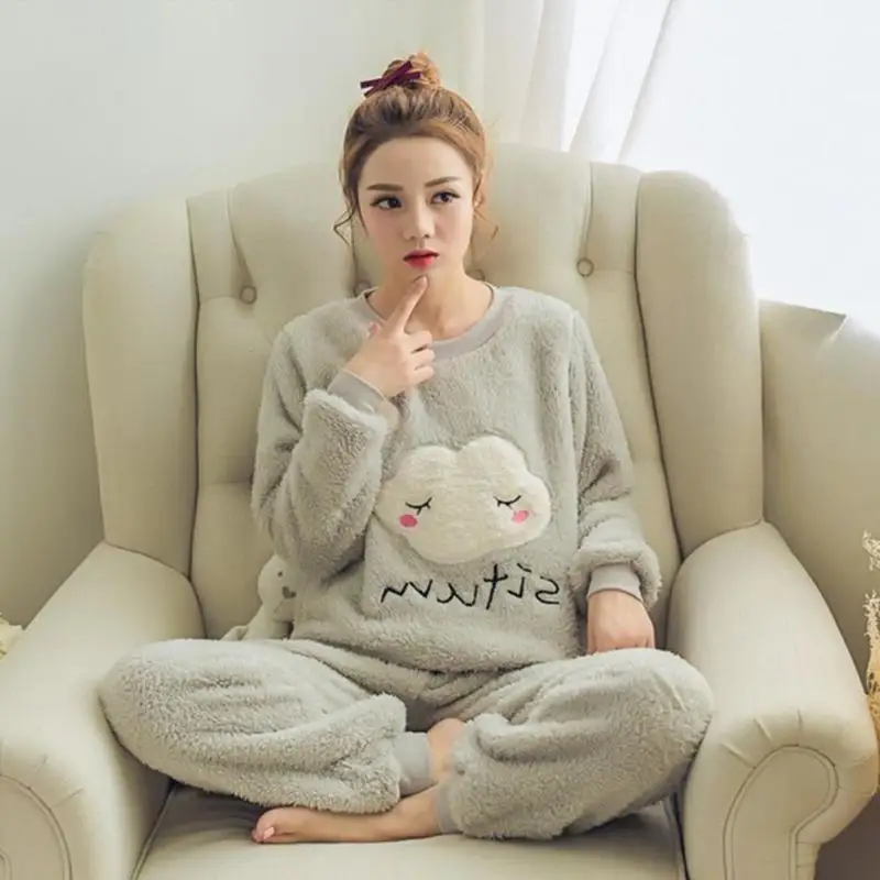 2pcs Autumn Winter Women Thin Flannel Women Pajama Set Pullover Thick Coral Velvet Long Sleeve Cartoon Homewear Dropshipping