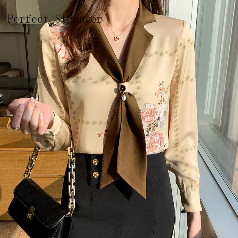 

Шифоновая Блузка с длинным рукавом, Офисная рубашка с цветочным принтом и галстуком, Женская однобортная блузка с отложным воротником, топ, ...