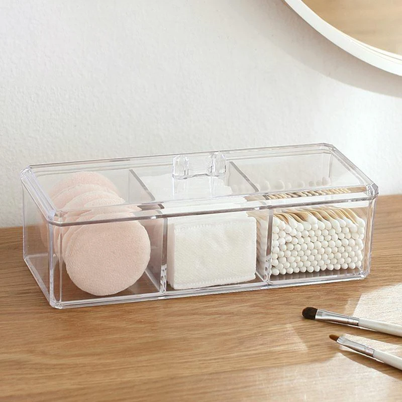 

Three Intervals Grids Cotton Swab Cotton Pad Storage Box Desktop Acrylic Material Transparent Cosmetic Makeup Organizer