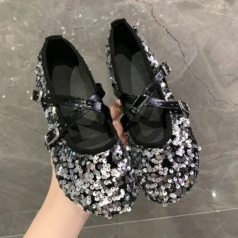 

Туфли женские блестящие на платформе, роскошные дизайнерские лоферы, плоская подошва, с серебристыми блестками, с пряжкой, Повседневные бал...