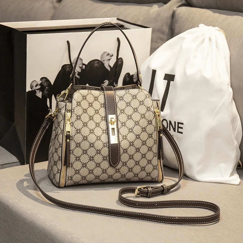 

Genuine Leather Women Buckets 2021 New Fashion High Quality Plaid One Shoulder Bags Ladies Famous Purses and Handbags Sac Luxe