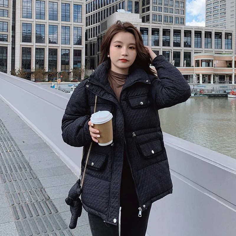 2021 Winter New Women Solid Color Parkas Stand-up Collar Bear Loose Woman Jacket  Fashion Pocket Zipper Slim Winter Coat