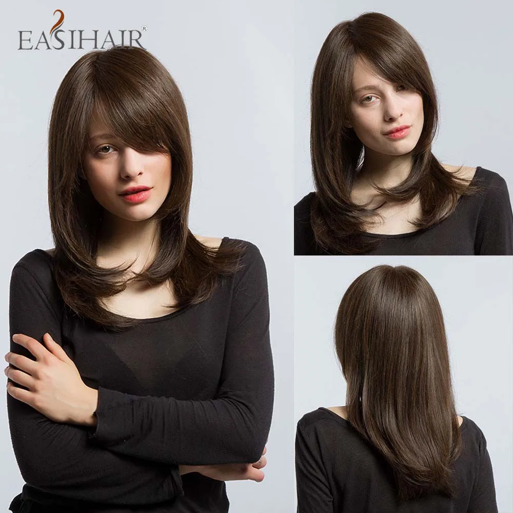 EASIHAIR волнистые коричневые синтетические парики средней длины с челкой для