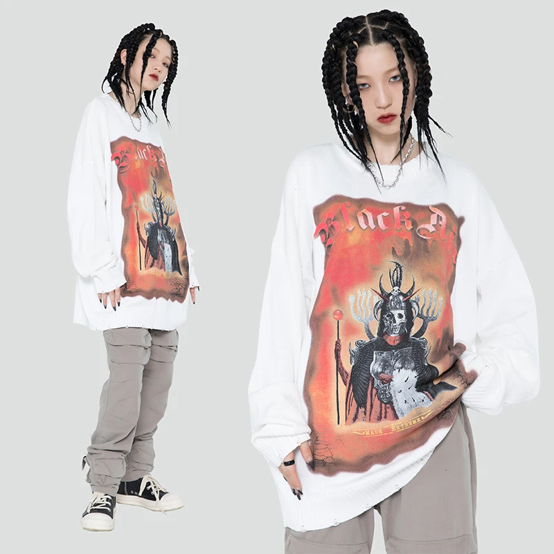 Вязаный свитер в стиле хип-хоп уличная одежда Харадзюку пуловер с принтом