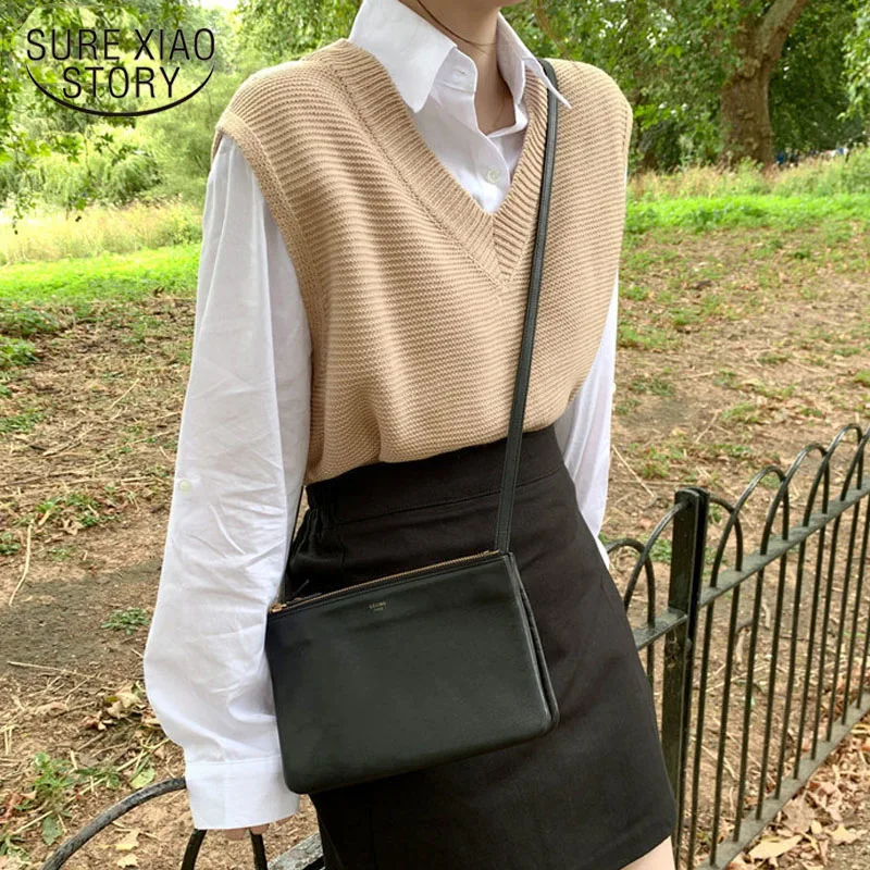 Весна-осень женский жилет однотонный свободный свитер вязаный с V-образным