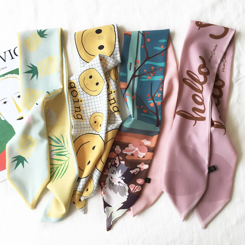 

Korean Chic Women's Diamond Decoration Small Silk Scarf Temperament Retro Hair Band Thin Narrow Small Scarf Professional Scarf