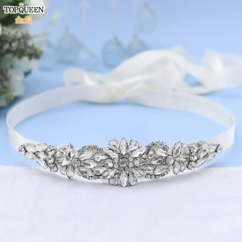 

TOPQUEEN S407 Luxury Wedding Party Dress Belts Bridesmaid Bridal Women Silver Rhinestones Crystal Applique Sparkly Ribbon Sash