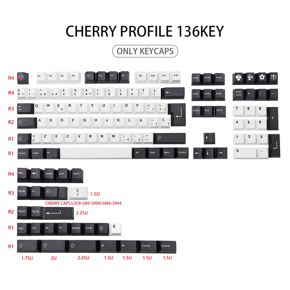 136 Key Black White pbt Keycap Cherry ES Profile Dye Subb Keycaps For Cherry Mx Switches GK61 64 96 108 Spain Layout iso Key cap images - 6