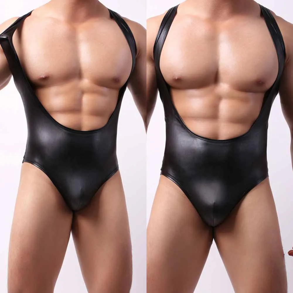 Men'S Faux-Leather Fun Open-Chested Bodysuit Underwear Black Patent Leather Vest Nightclub Outfit Male Sexy Erotic Bodysuits |