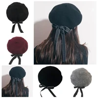 personality bowknot woolen beret trendy ladies autumn and winter buds fashion warm painter hat all match black octagonal hat