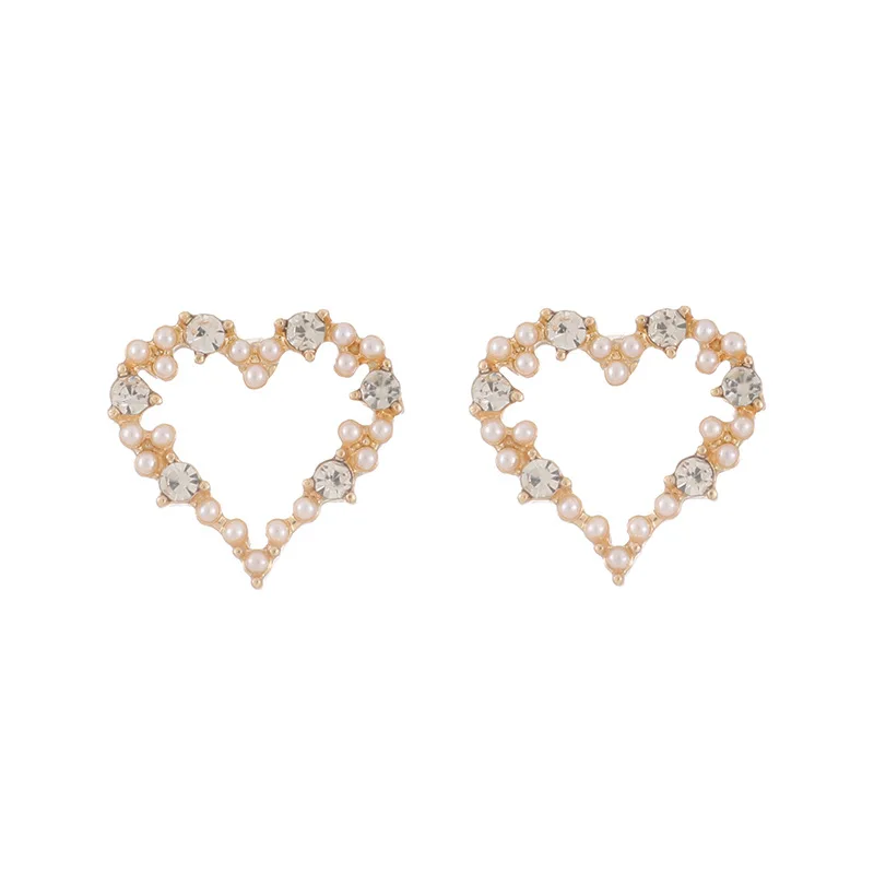 

2020 New Arrival Rhinestone Love Heart Stud Earrings Korean Simulated Pearl Elegant Sweet Delicate Small Wedding Party Jewelry
