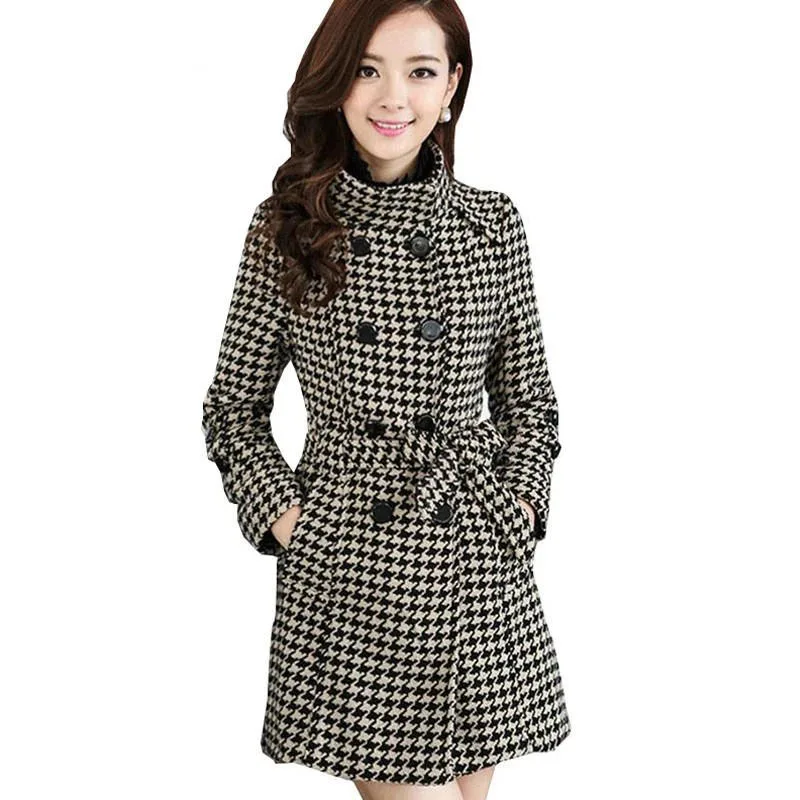 

2021 New Autumn Winter Women's Jacket Woolen Coat Female Mid Long Double breasted Draw Women Woolen Cloth Overcoat Tops R1496