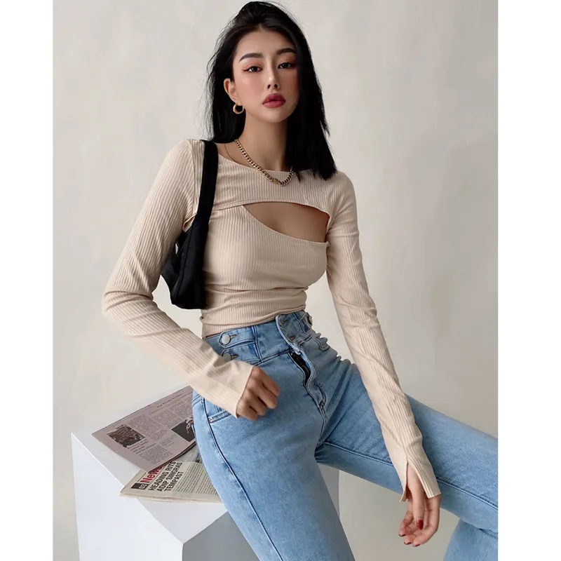 

TVVOVVIN Fashion Chest Hollow Winter Base Tops Slim Long Sleeve Round Neck T Shirt Korean Sexy Women Tees Top Blue DDZ6