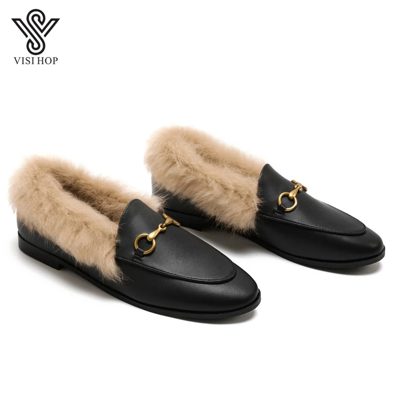 2020 г. женские лоферы на кроличьем меху из натуральной кожи Зимняя Теплая обувь