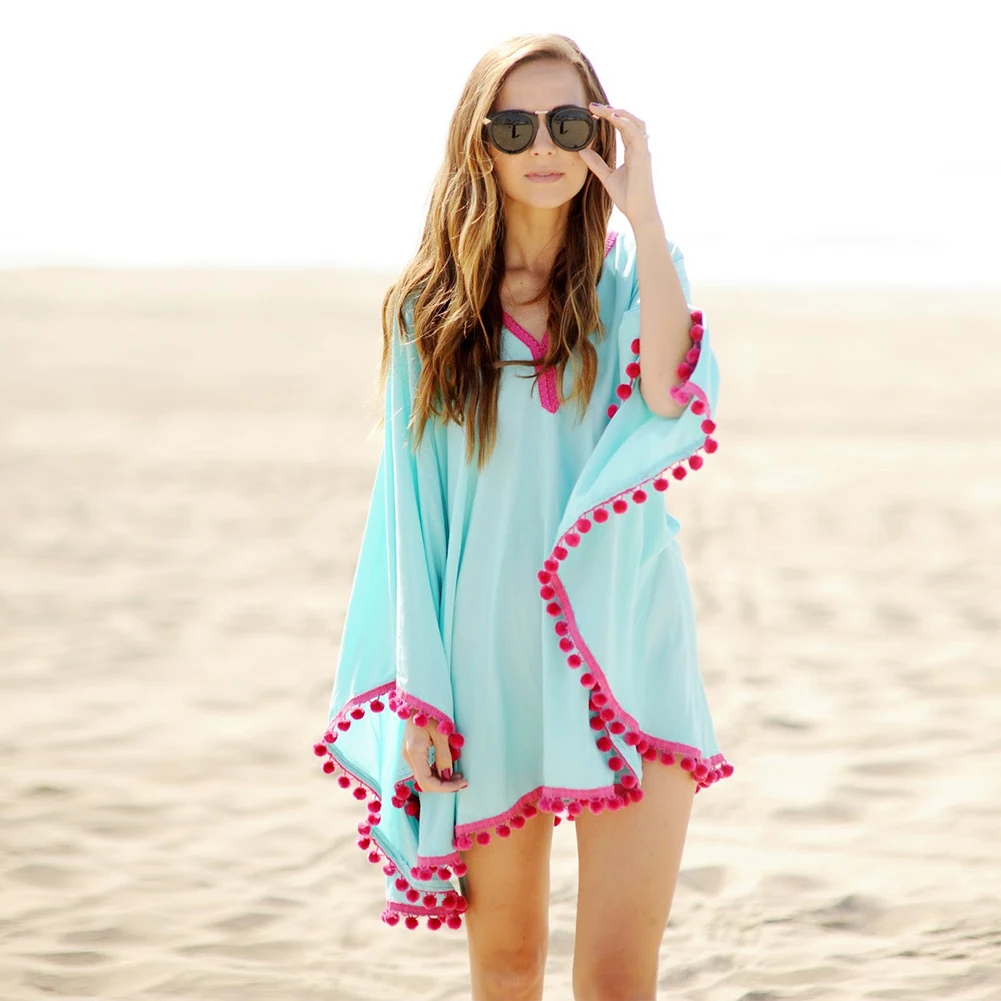 

Sexy Cotton Bathing Suit Cover ups Summer Beach Dress Tassel Trim Bikini Swimsuit Cover up Beach wear Pareo Sarong