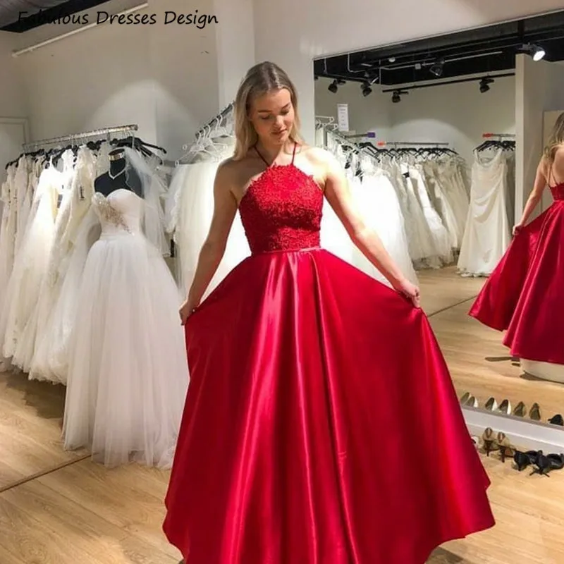 

Красное ТРАПЕЦИЕВИДНОЕ ПЛАТЬЕ С Лямкой на шее для выпускного вечера, кружевной топ и атласная юбка, длинное вечернее вечерние с открытой сп...