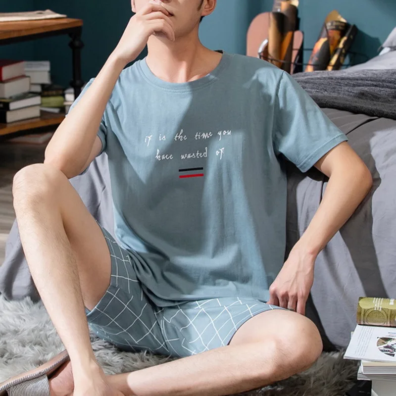 

Oeak Pajama Sets Men Summer Short Sleeve Tops Shorts Summer Cotton Pajamas Home Suit Mens Sleepwear Loose Nightwear 2pcs/set