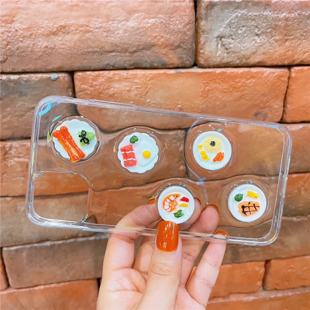 

Vya 3D Simulation Funny Delicious Food Steak shrimp hotdog plate Phone Case For Iphone11ProMax12Mini12proXRXS78P6s Clear Cover