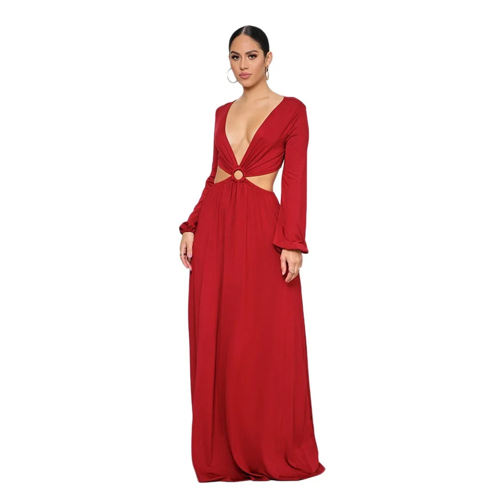 

New Ladies Solid Color Fashion Self-cultivation Temperament Hollow Sexy Long-sleeved Dress Suitable for Nightclub Party Wear