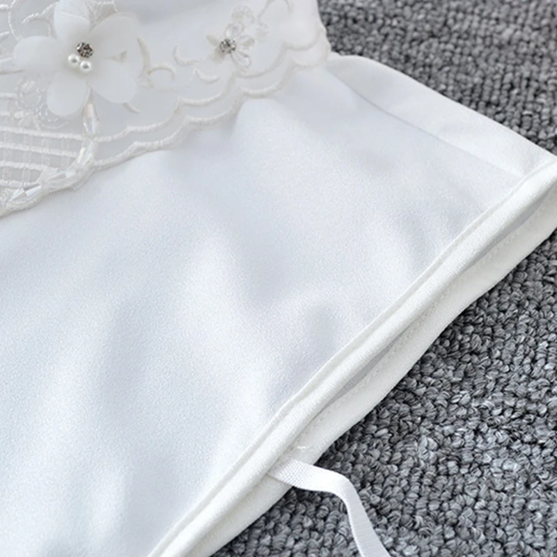 

Women Embroidery Lace Chiffon White Lapel Half-Shirt Blouse Sweet Rhinestone Flower Beading Jewelry Fake Collar Dickey