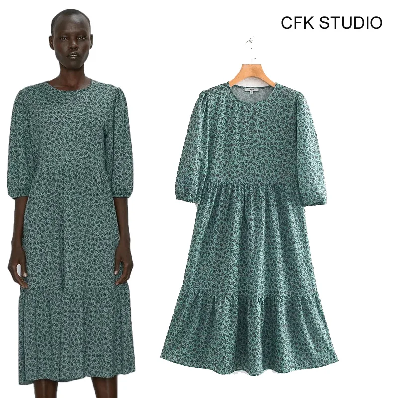 ZA женское платье mididress с круглым вырезом и цветочным принтом Хлопковое со средним
