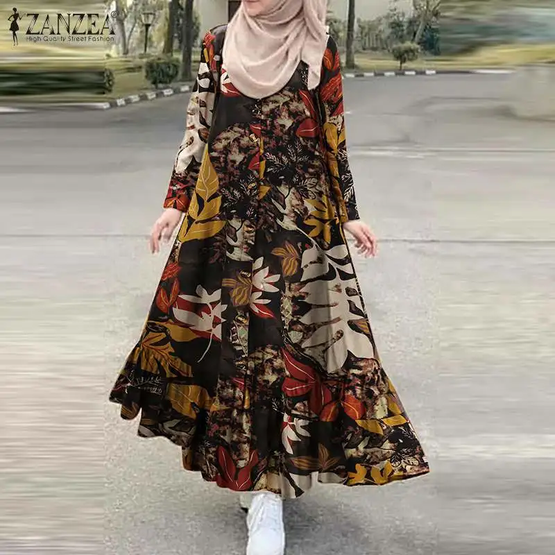 Женское платье-хиджаб с принтом, макси-платье с длинным рукавом, пуговицами и оборками