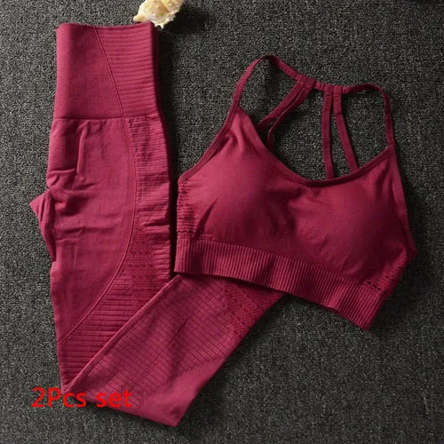 Wine red 2 pcs set 2 шт., бесшовный комплект для йоги, бюстгальтер на бретельках, леггинсы с высокой талией, женская одежда для тренажерного зала, фитнеса, тренировок, комплект леггинсов для йоги, спортивная одежда для бега - Цвет: Wine red 2 pcs set